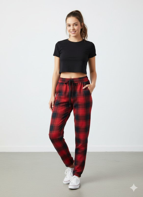 FUR-LINED PLAID EASY PANTS