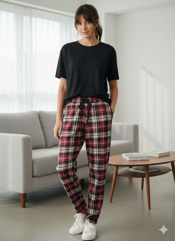 FUR-LINED PLAID EASY PANTS