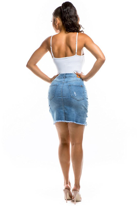 Denim skirt with pockets, rips