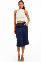 Dark Wash Button Front Midi Denim Skirt
