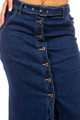 Dark Wash Button Front Midi Denim Skirt