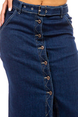 Dark Wash Button Front Midi Denim Skirt