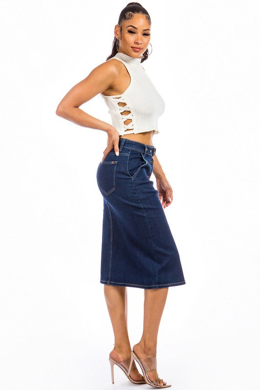 Dark Wash Button Front Midi Denim Skirt