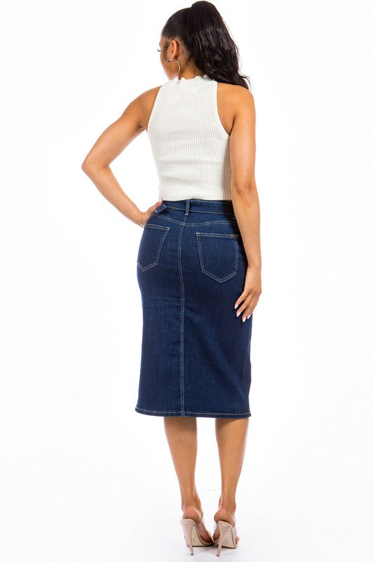 Dark Wash Button Front Midi Denim Skirt