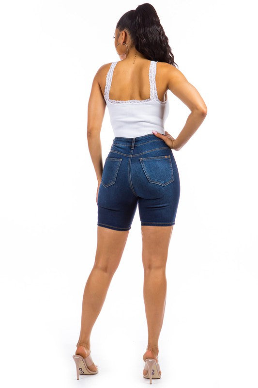 DARK DENIM RIPPED DENIM BERMUDA SHORT