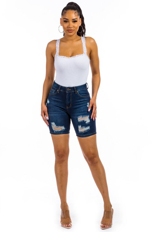 DARK DENIM RIPPED DENIM BERMUDA SHORT