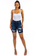 DARK DENIM RIPPED DENIM BERMUDA SHORT