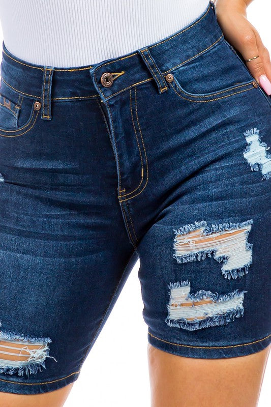 DARK DENIM RIPPED DENIM BERMUDA SHORT