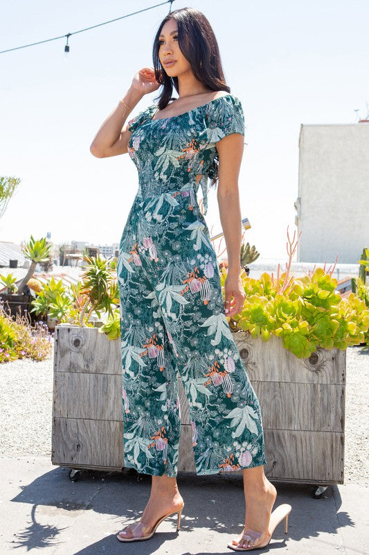 PRINT OFF SHOULDER AND WIDE LEG JUMPSUIT