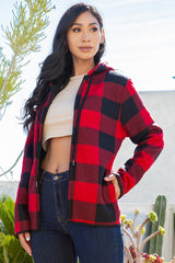 SHERPA LINED PLAID HOODED ZIP-UP JACKET