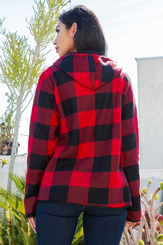 SHERPA LINED PLAID HOODED ZIP-UP JACKET