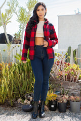 SHERPA LINED PLAID HOODED ZIP-UP JACKET