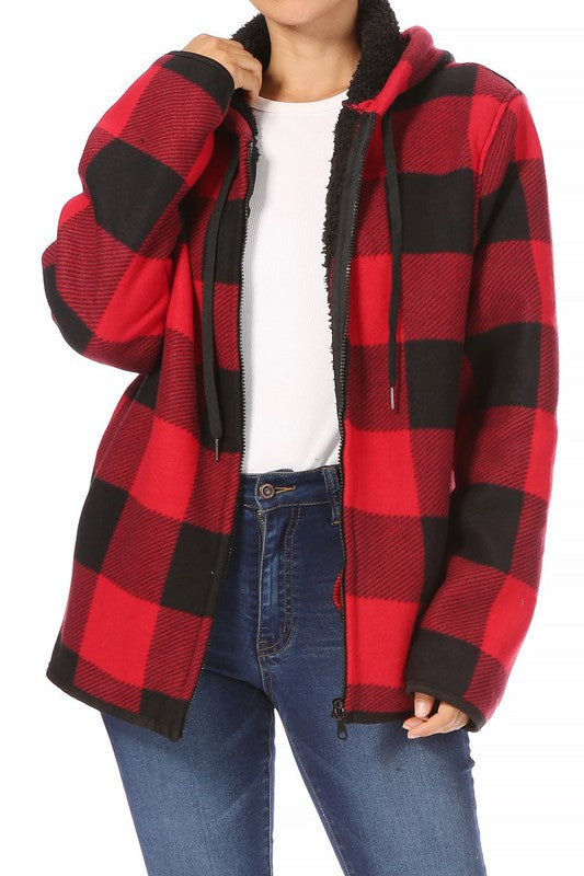 SHERPA LINED PLAID HOODED ZIP-UP JACKET