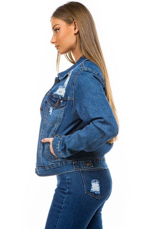 SOLID RIPPED MEDIUM BLUE DENIM JACKET