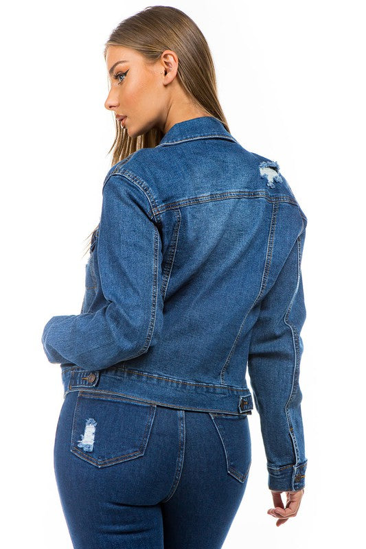 SOLID RIPPED MEDIUM BLUE DENIM JACKET
