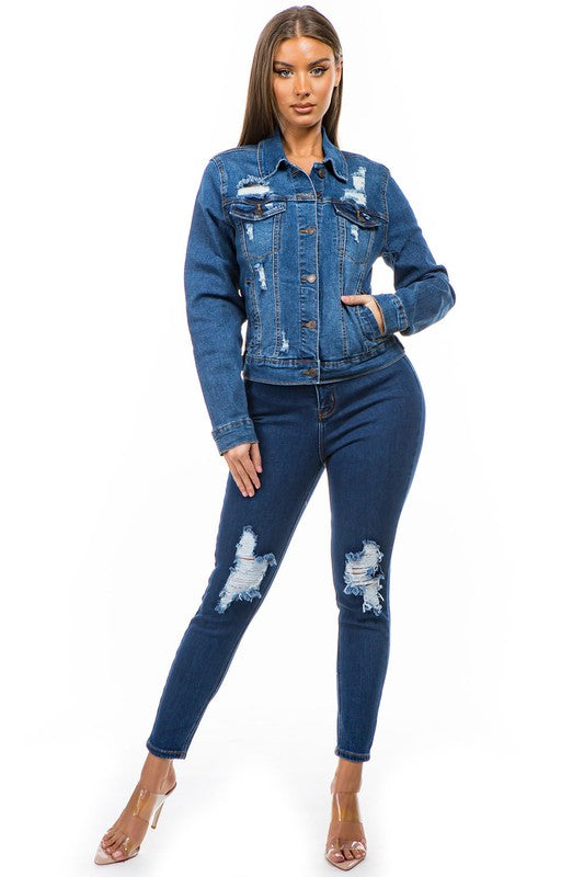SOLID RIPPED MEDIUM BLUE DENIM JACKET
