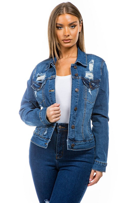 SOLID RIPPED MEDIUM BLUE DENIM JACKET