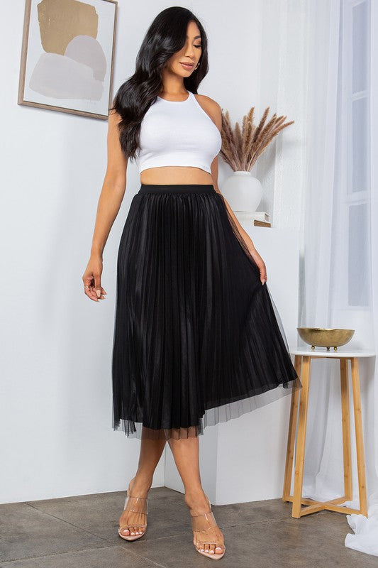 SOLID PLEATED LONG SKIRT W/MESH OUTLAYER