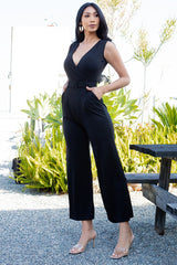 SOLID SURPLICE BELTED OFFICE-LOOK JUMPSUIT