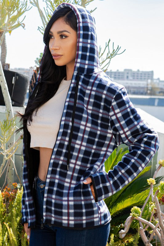 SHERPA LINED PLAID HOODED ZIP-UP JACKET