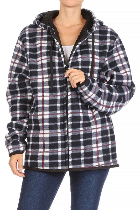 SHERPA LINED PLAID HOODED ZIP-UP JACKET